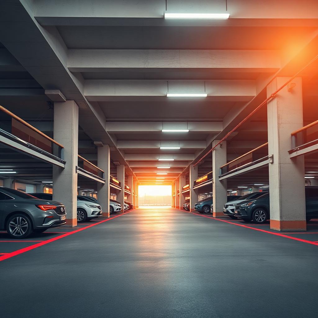 Modern multi-level parking garage interior with parked cars